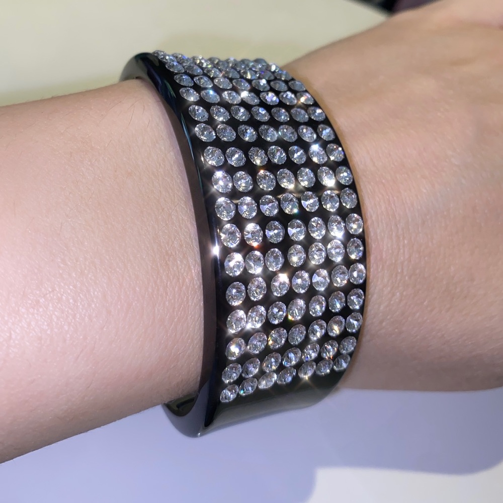 Large Black Acrylic Wide Cuff Bracelet With Crystal Gemstones